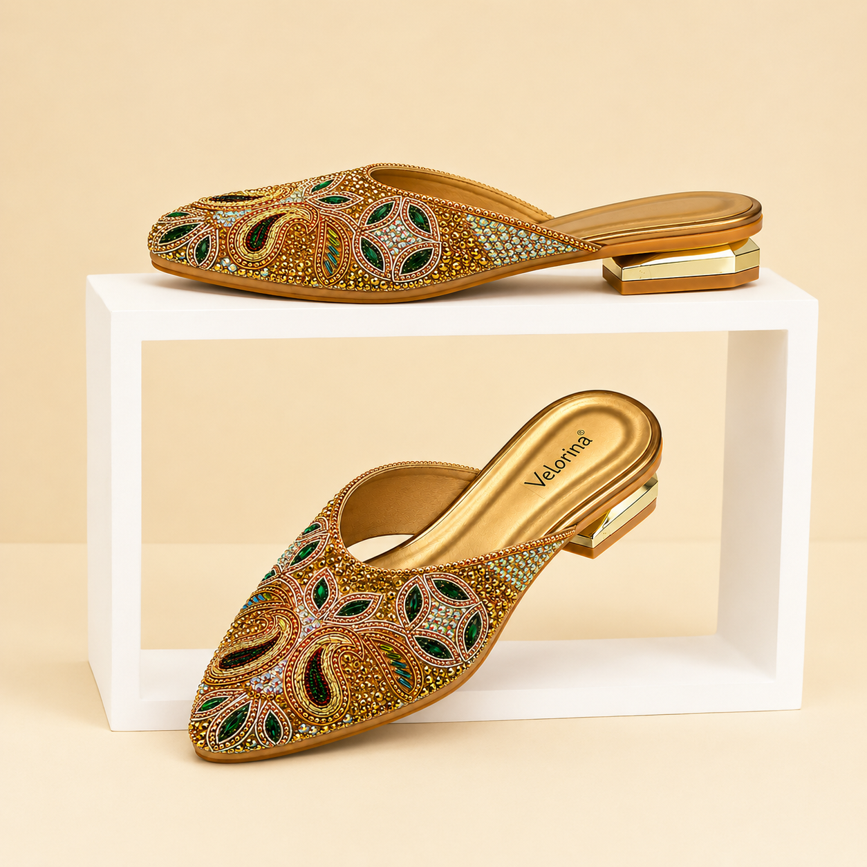 Velorina Women’s Embellished Pointed Toe Mules – Premium Ethnic Heels