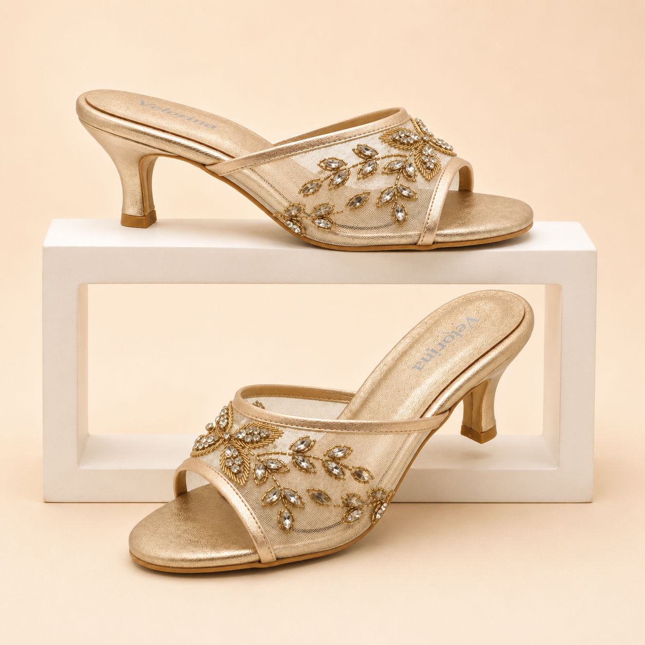 Velorina Women’s Embellished Kitten Heel Sandals – Elegant Party Wear Heels