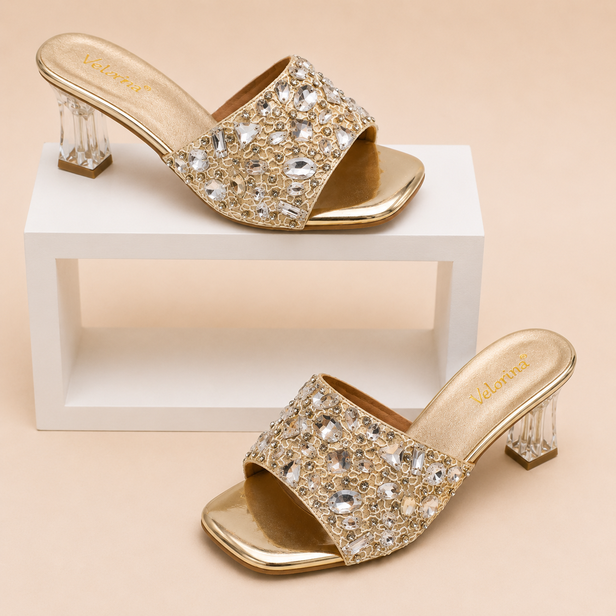 Velorina Women’s Embellished Kitten Heel Slides – Elegant Party Wear Sandals