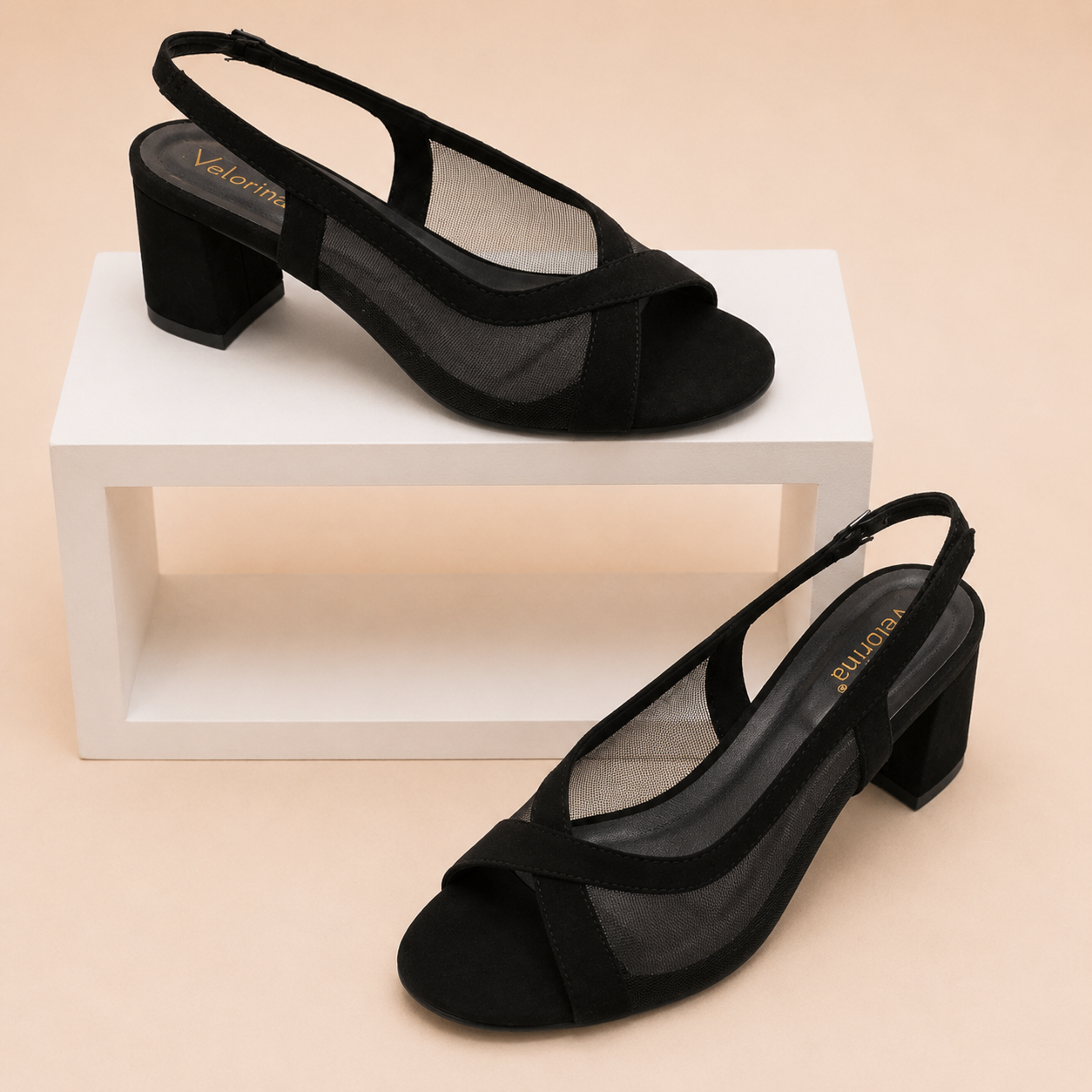 Velorina Women’s Black Mesh Block Heel Sandals – Elegant Party Wear Heels