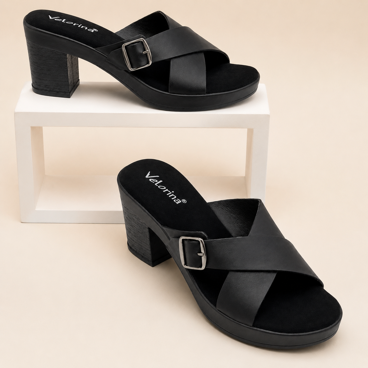 Velorina Women’s Black Block Heel Sandals – Elegant Casual & Party Wear Heels